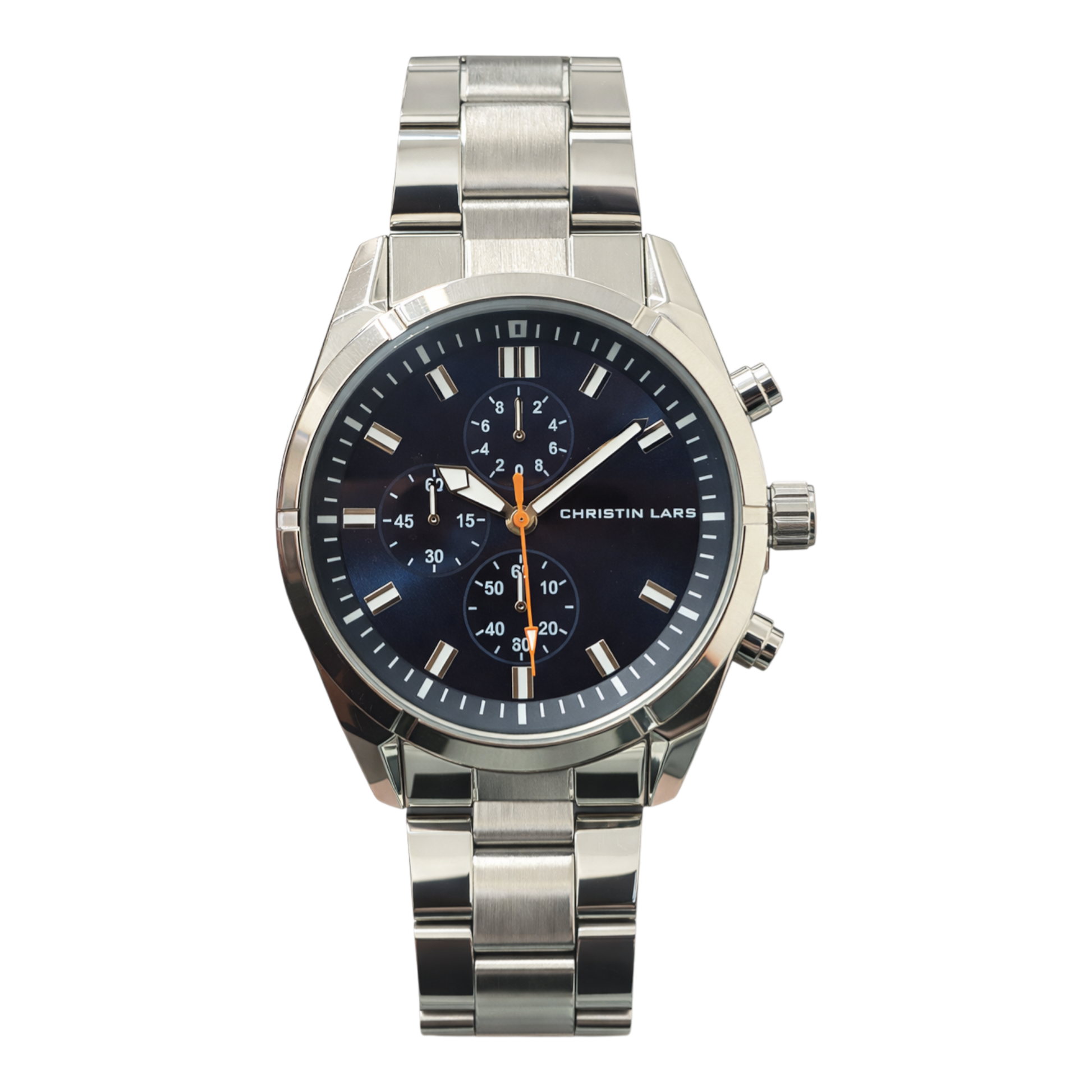 Christin Lars silver chronograph watch with blue dial and stainless steel bracelet