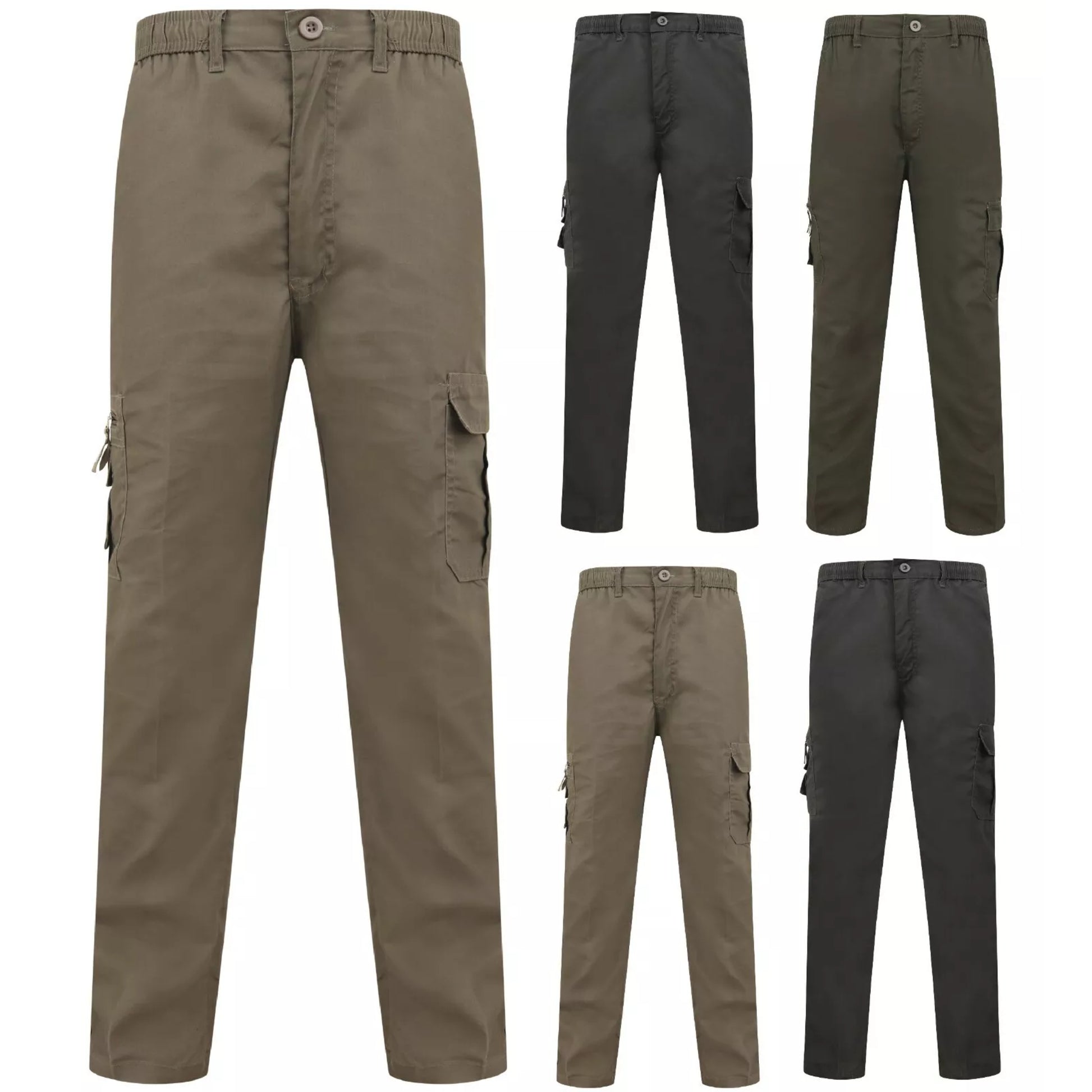 Men's black, navy, khaki green, grey cargo utility trousers with side flap pockets, elasticated waistband, and belt loops – durable workwear or outdoor pants