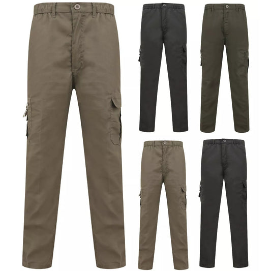 Men's black, navy, khaki green, grey cargo utility trousers with side flap pockets, elasticated waistband, and belt loops – durable workwear or outdoor pants