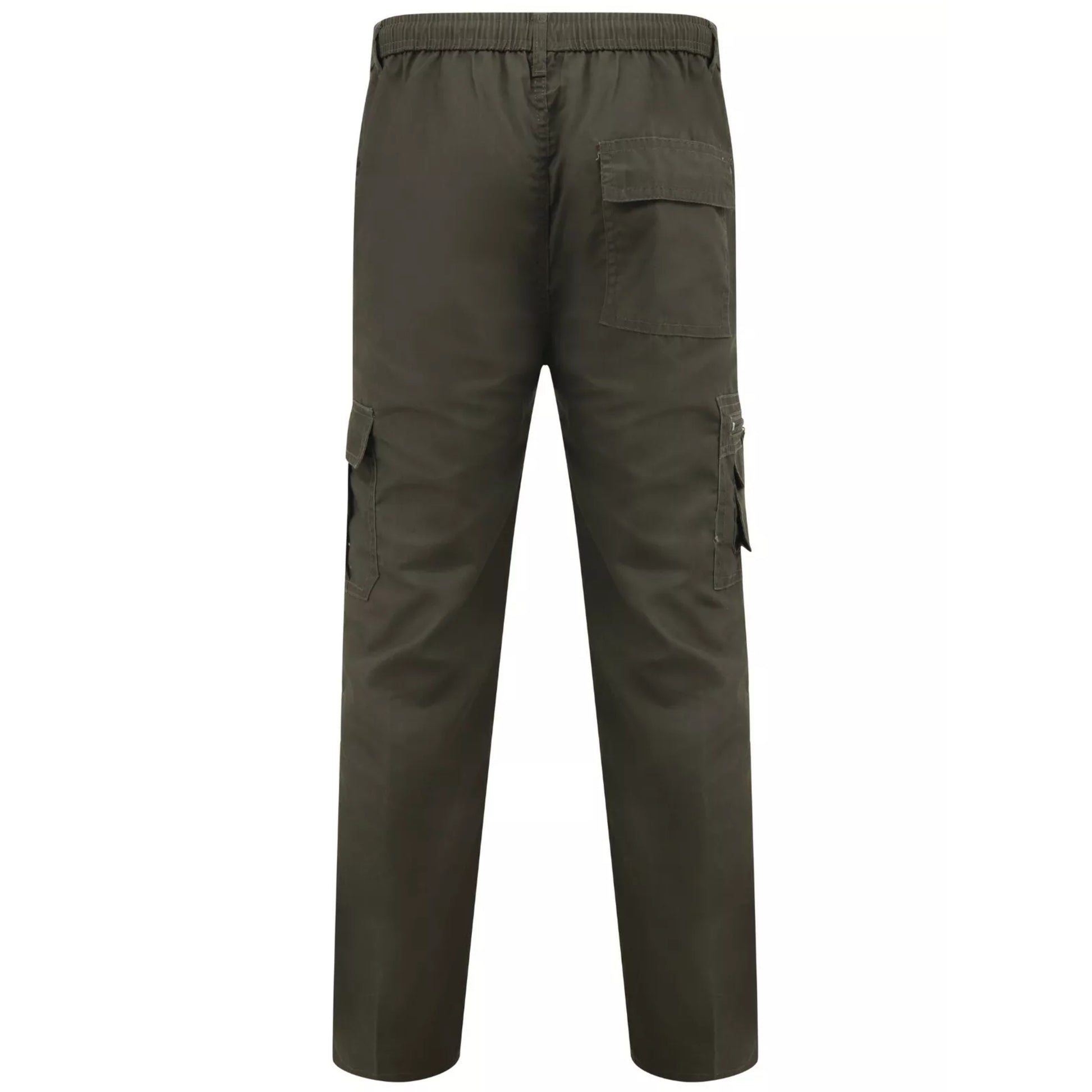 Men's dark khaki cargo utility trousers with side flap pockets, elasticated waistband, and belt loops – durable workwear or outdoor pants