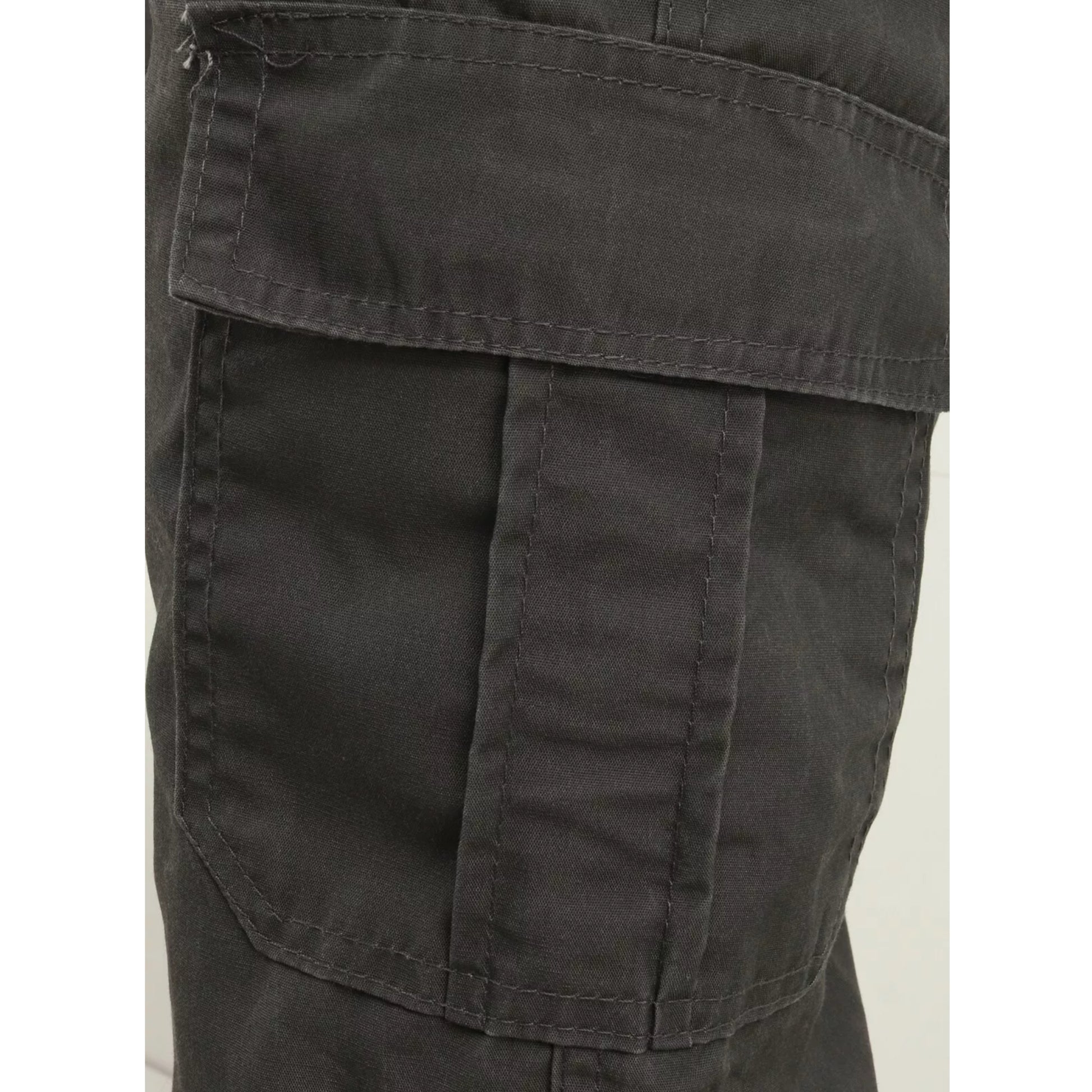 Men's grey cargo utility trousers with side flap pockets, elasticated waistband, and belt loops – durable workwear or outdoor pants