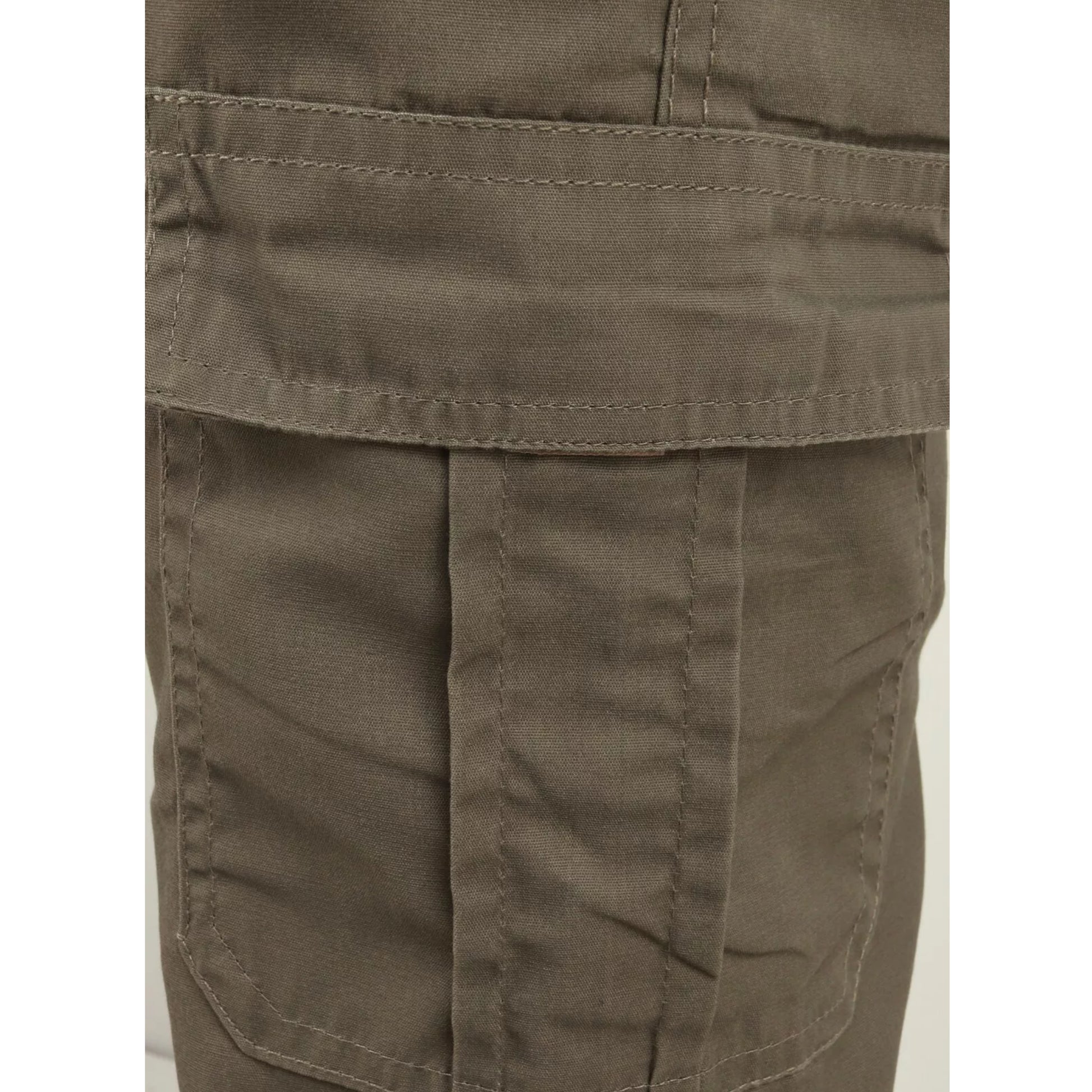 Men's light khaki green cargo utility trousers with side flap pockets, elasticated waistband, and belt loops – durable workwear or outdoor pants