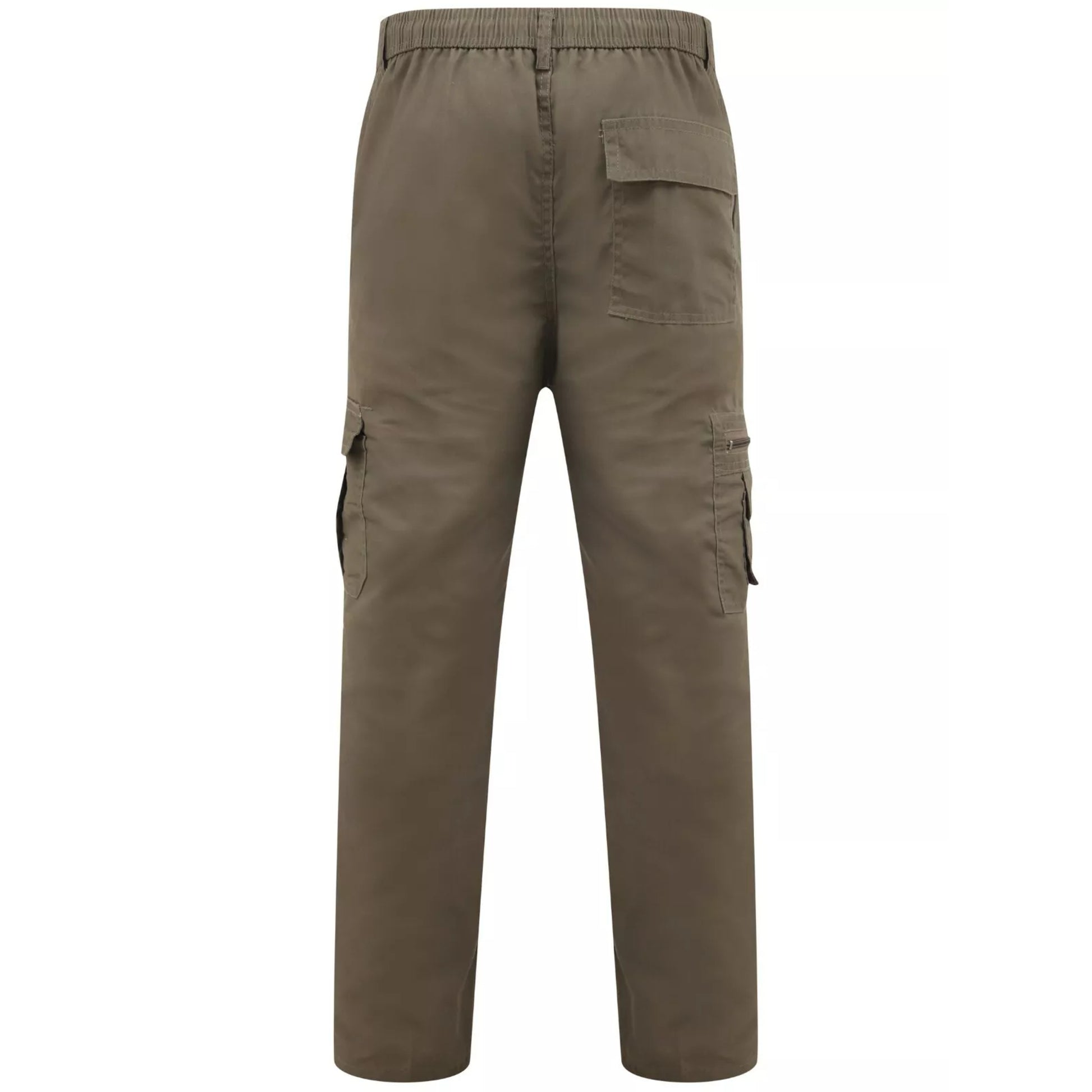 Men's light khaki green cargo utility trousers with side flap pockets, elasticated waistband, and belt loops – durable workwear or outdoor pants