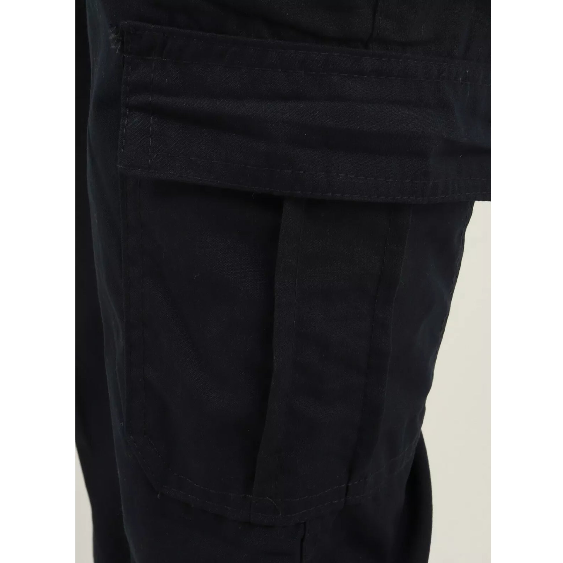 Men's navy cargo utility trousers with side flap pockets, elasticated waistband, and belt loops – durable workwear or outdoor pants