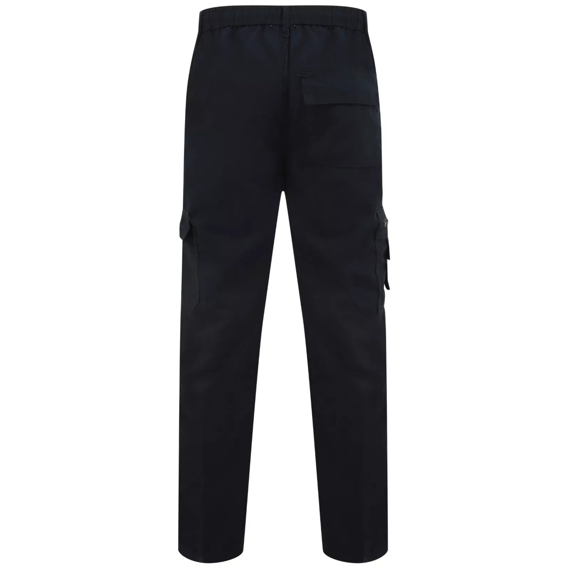 Men's navy cargo utility trousers with side flap pockets, elasticated waistband, and belt loops – durable workwear or outdoor pants