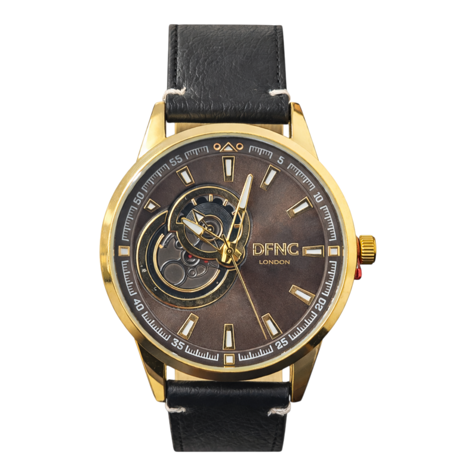 DFNC London skeleton watch with gold case, brown dial and black leather look strap