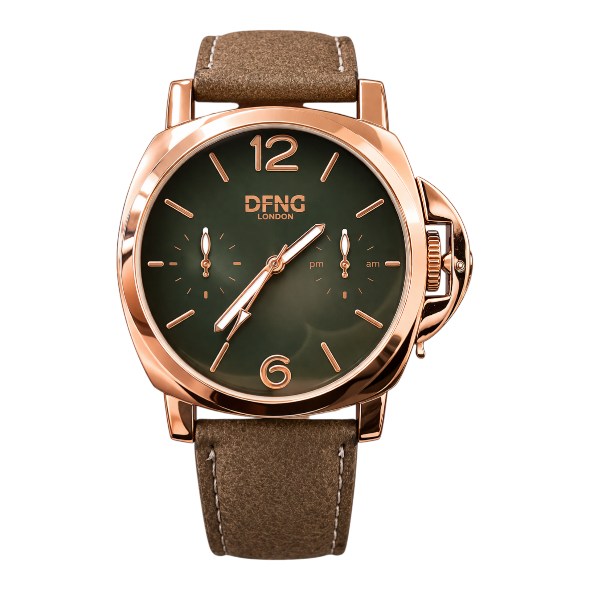 DFNG London watch with green dial, rose gold case, and brown leather strap