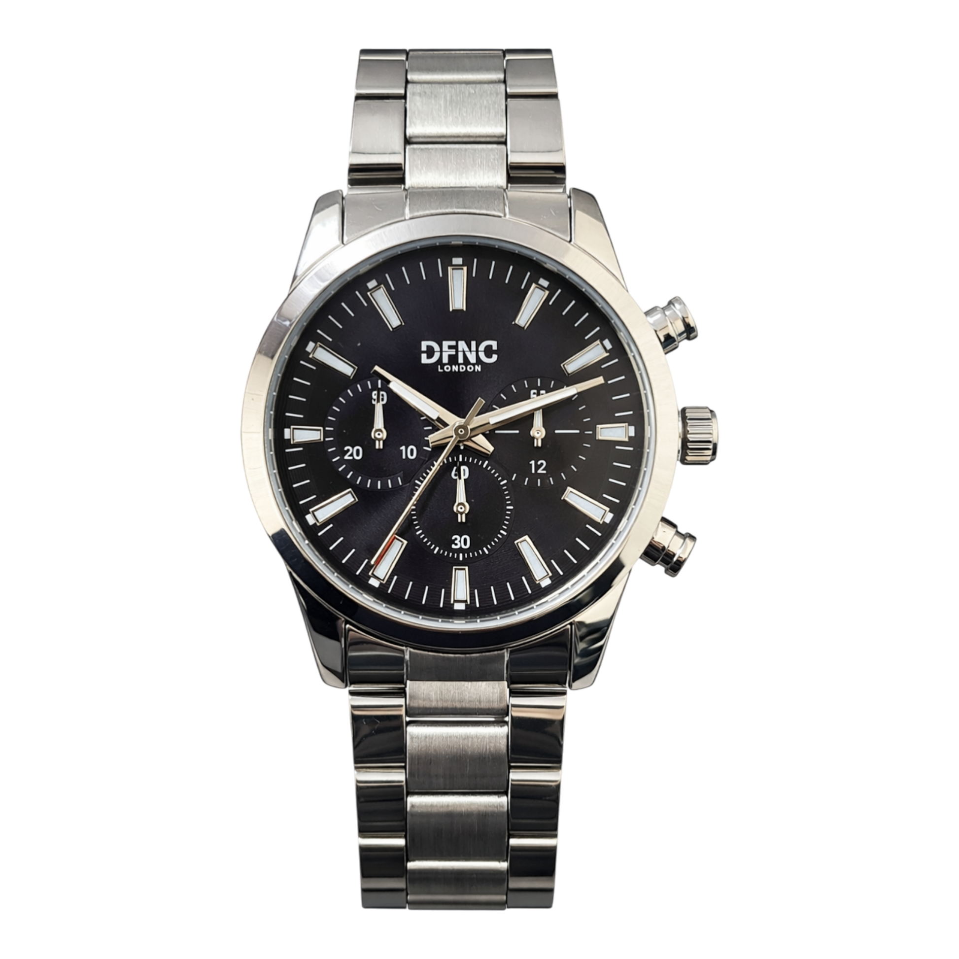DFNC London silver stainless steel chronograph watch with black dial and three look sub-dials