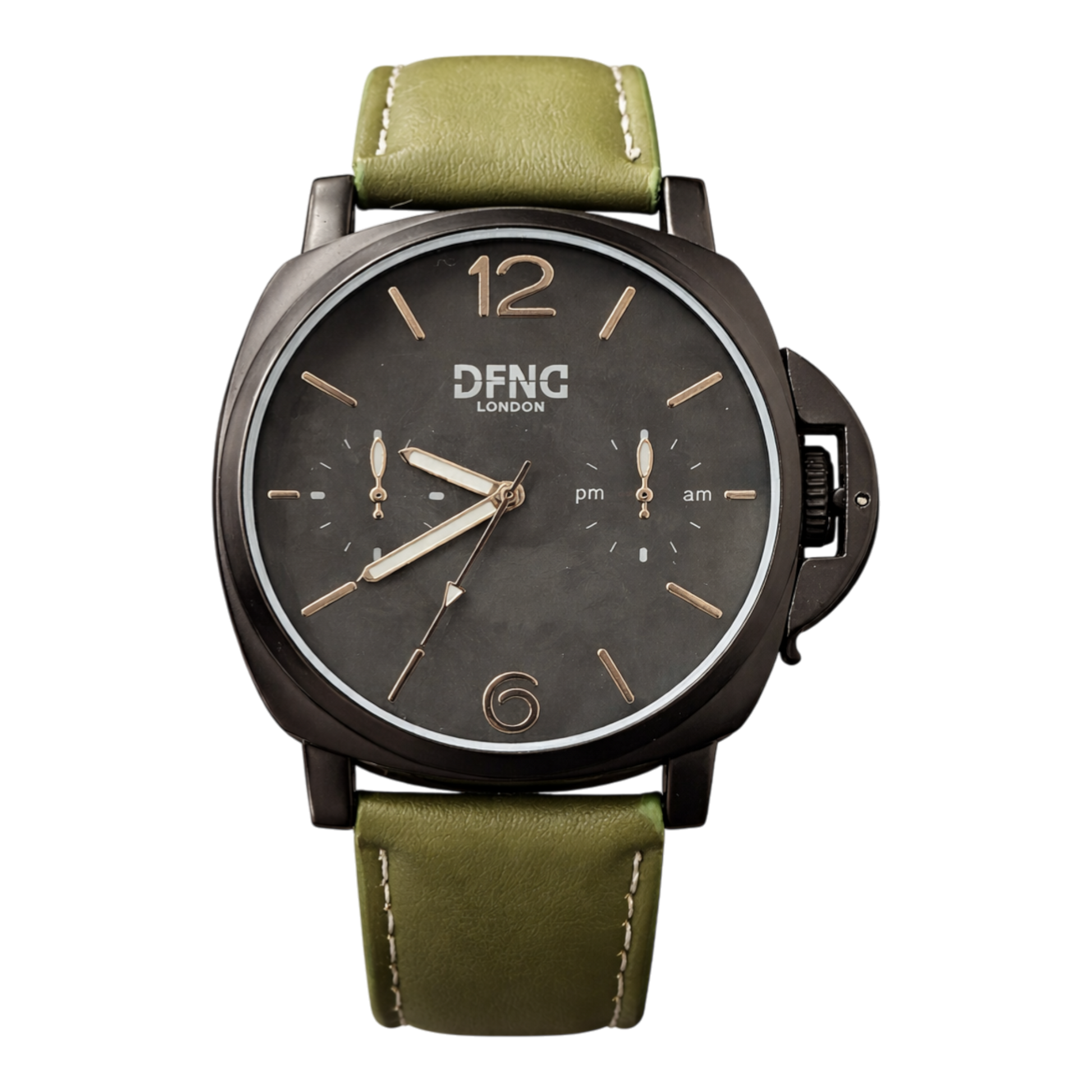 DFNC London black watch with green leather look strap and dual sub-dials
