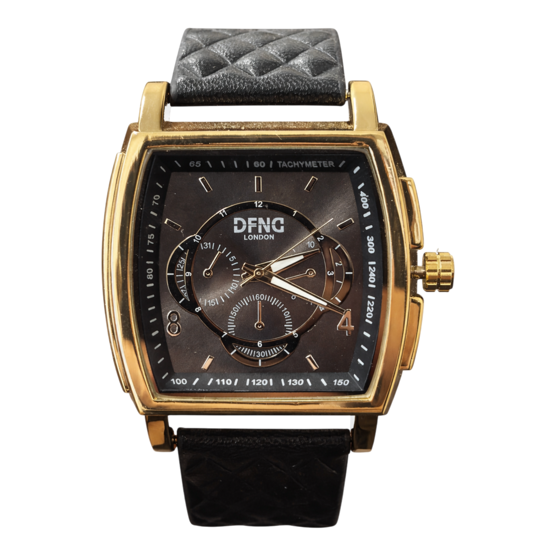 DFNG London men’s square gold-tone watch with brown dial, multi sub-dials, and black textured strap