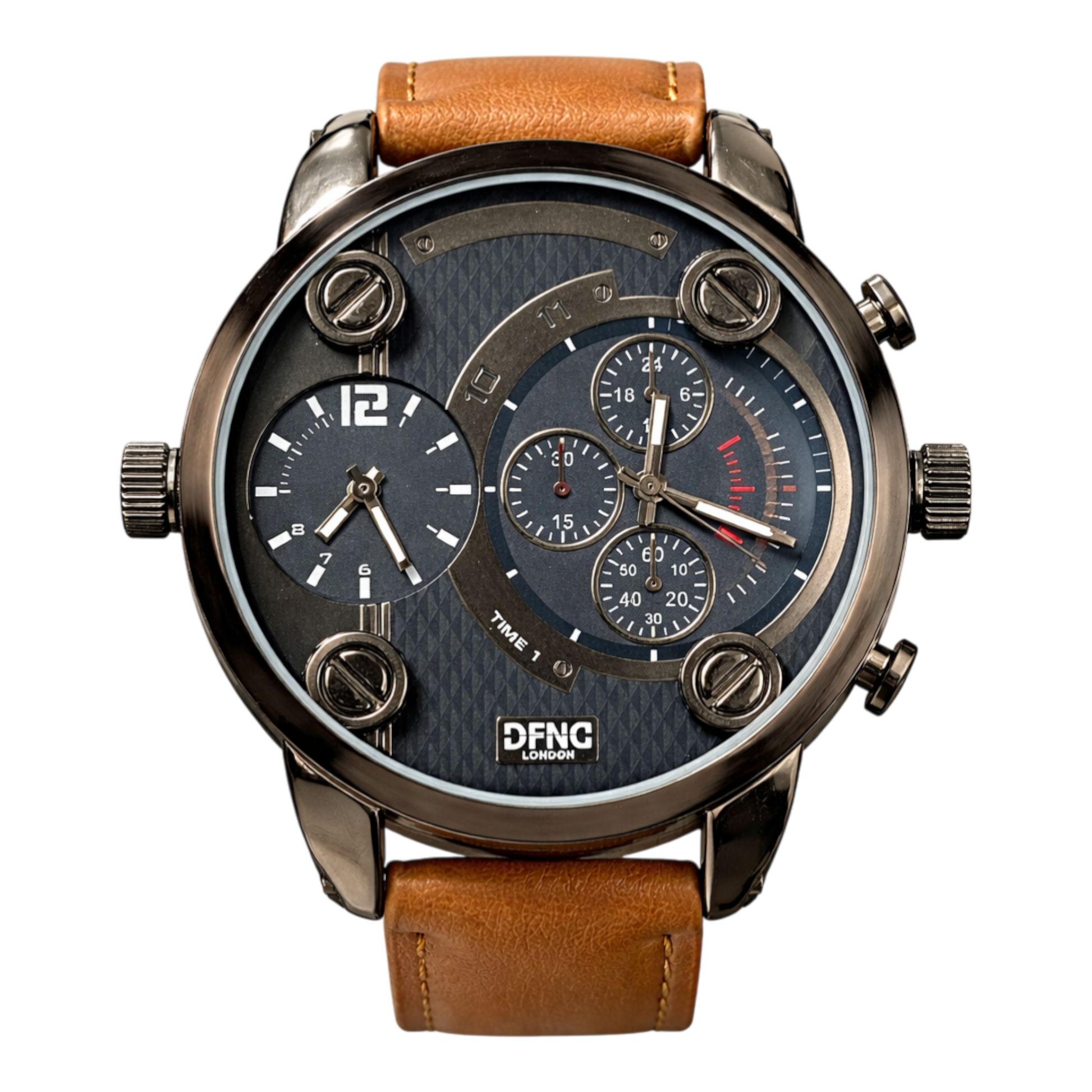DFNC London gunmetal multi-dial watch with tan leather look strap