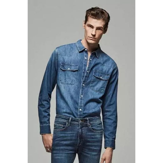 Men's ex store high quality denim shirt in classic blue with button front and chest pockets