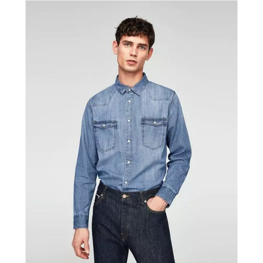 Men's ex store high quality denim shirt in classic blue with button front and chest pockets
