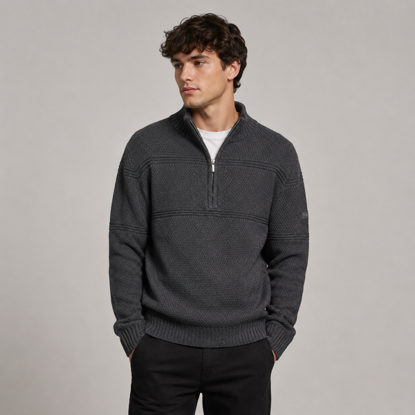 Men's Textured Half Zip Knit Jumper Funnel Neck Jumper