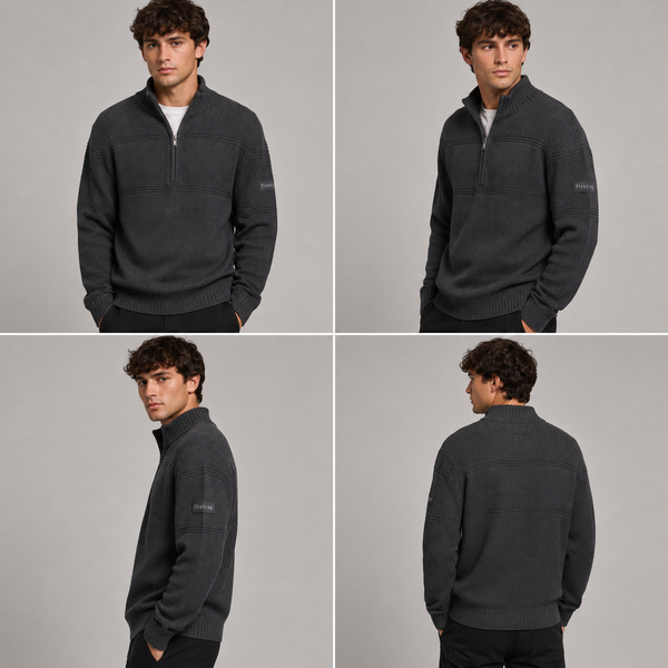 Men's Textured Half Zip Knit Jumper Funnel Neck Jumper