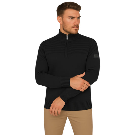 Men’s Black 1/4 Zip Funnel Neck Jumper – Heavyweight Knit Sweater Ex Firetrap Store
