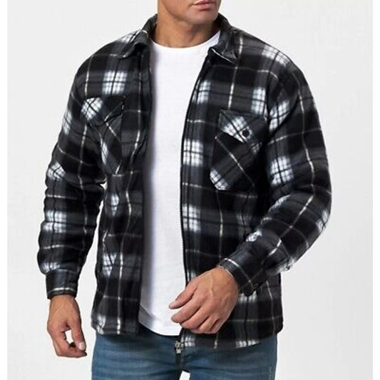 Men's zipped check fleece shirt in black and white plaid pattern, warm long sleeve overshirt with chest pockets