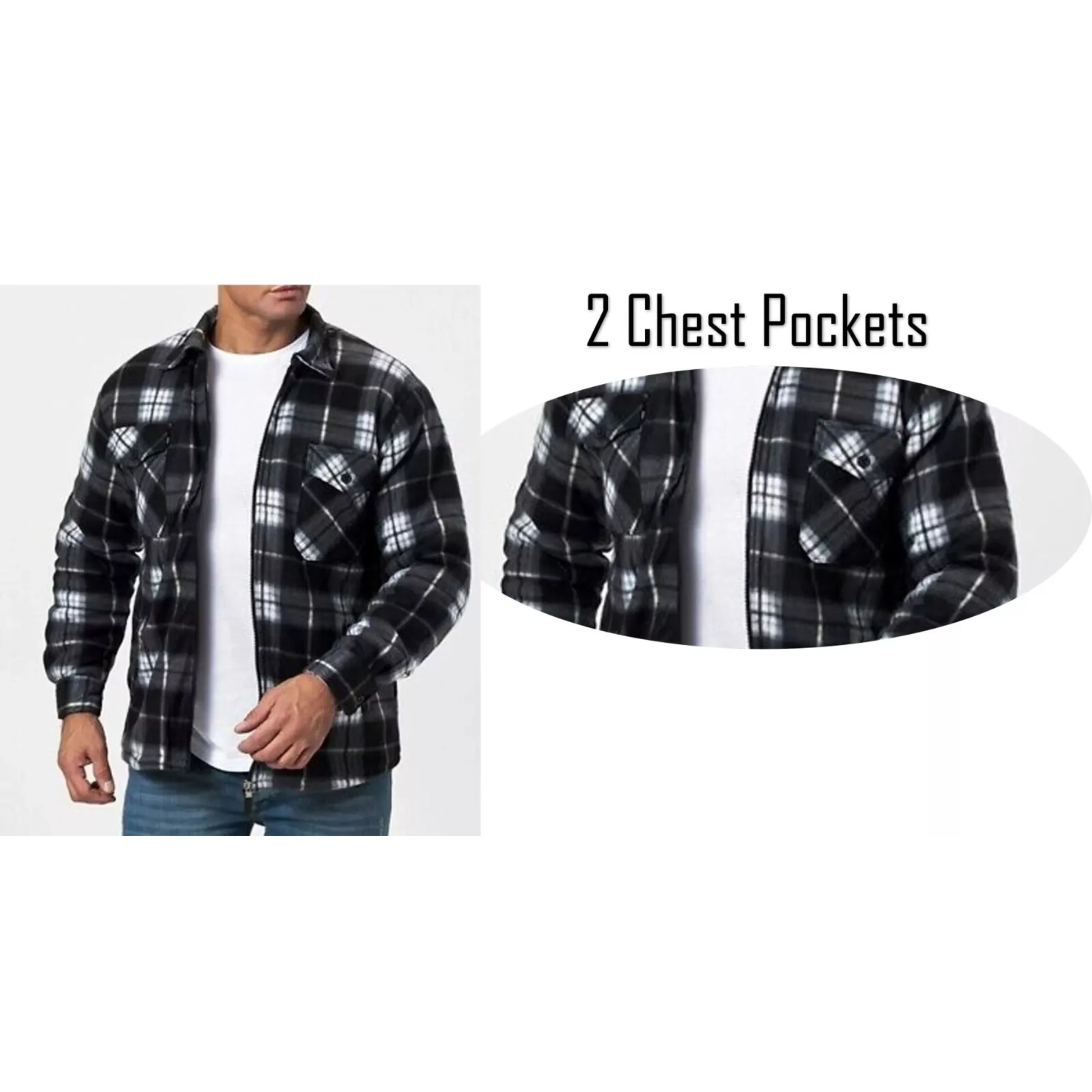 Men's zipped check fleece shirt in black and white plaid pattern, warm long sleeve overshirt with chest pockets