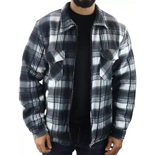 Men's zipped check fleece shirt in green, black and white plaid pattern, warm long sleeve overshirt with chest pockets
