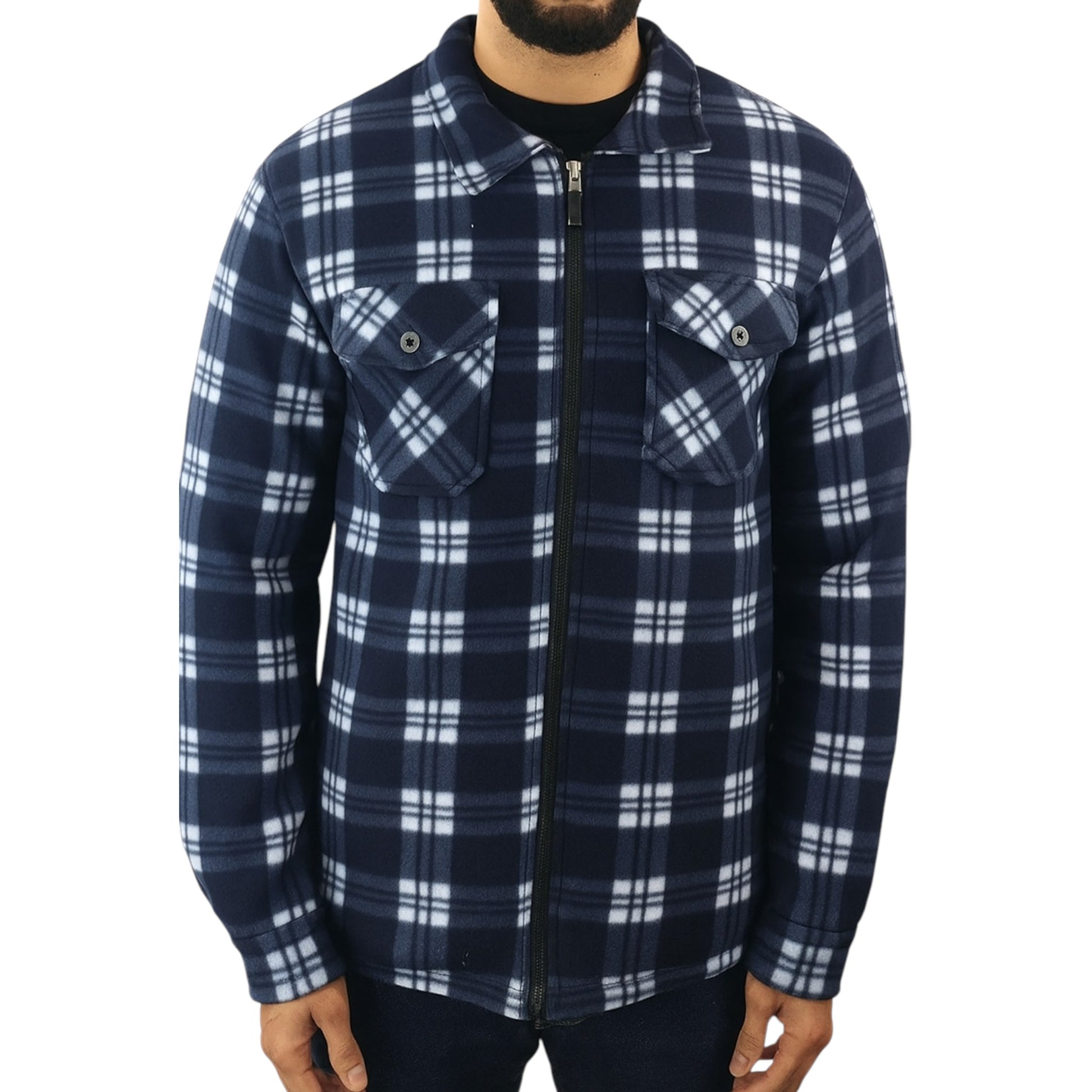 Men's zipped check fleece shirt in navy and white plaid pattern, warm long sleeve overshirt with chest pockets