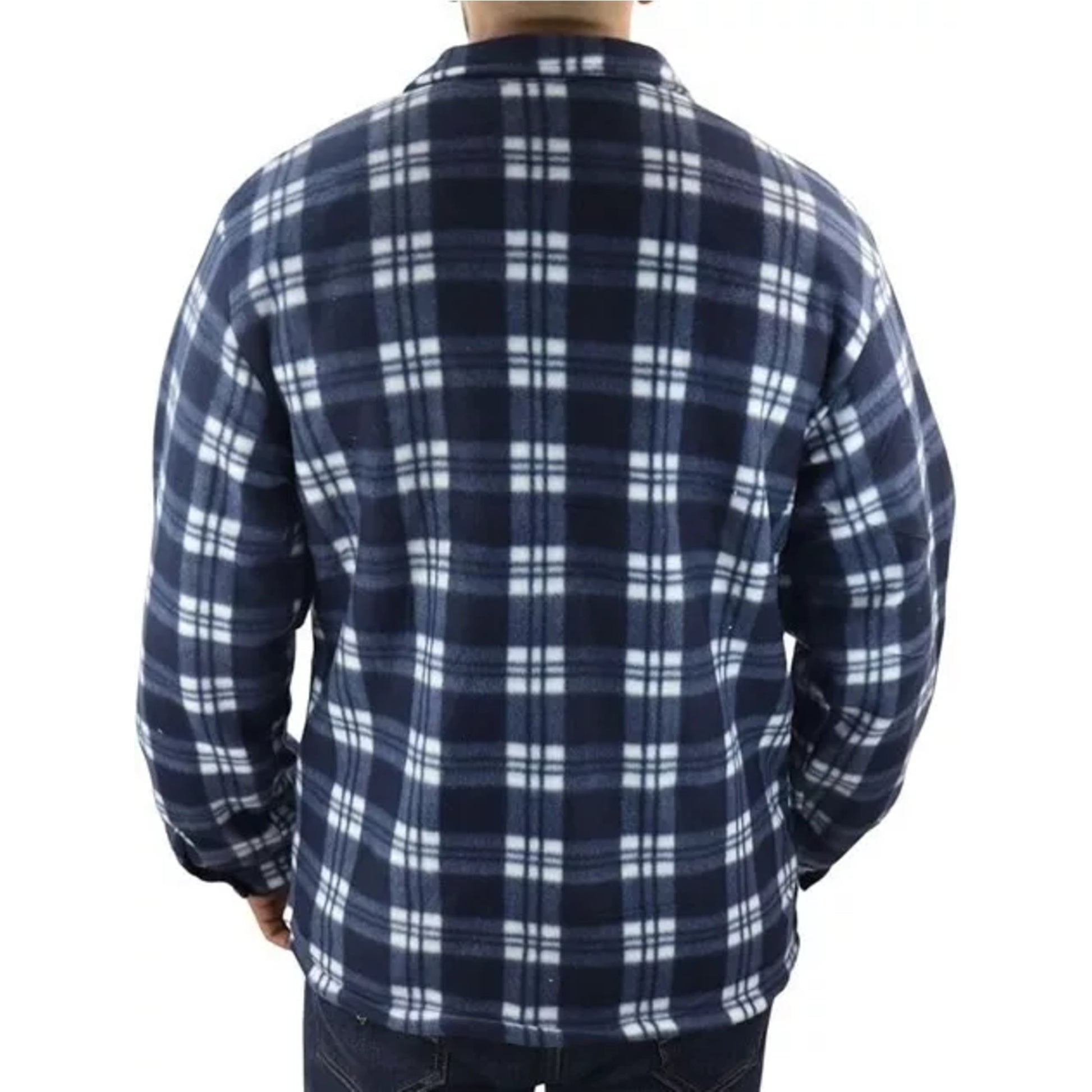 Men's zipped check fleece shirt in navy and white plaid pattern, warm long sleeve overshirt with chest pockets