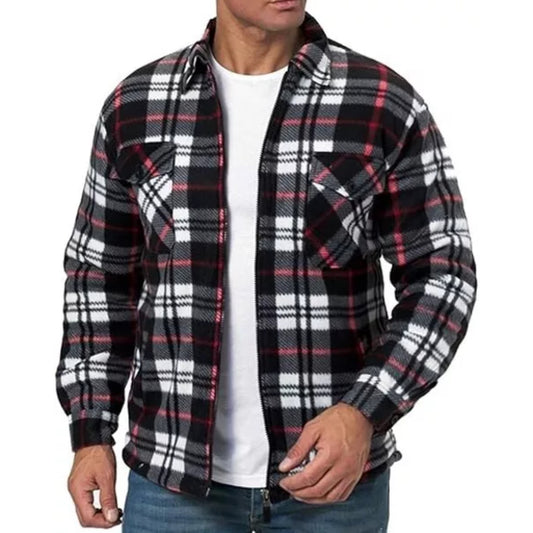 Men's zipped check fleece shirt in red, black and white plaid pattern, warm long sleeve overshirt with chest pockets
