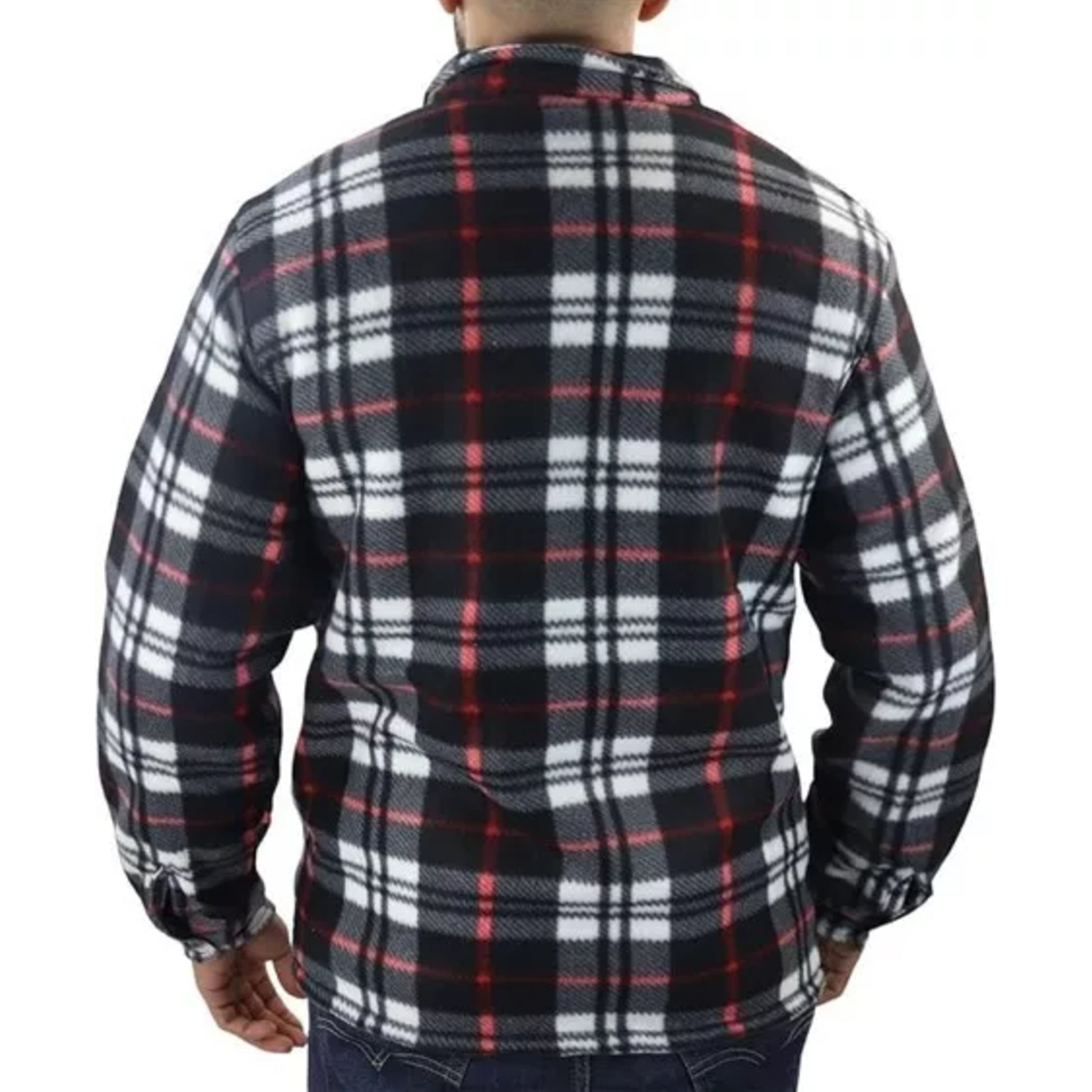 Men's zipped check fleece shirt in red, black and white plaid pattern, warm long sleeve overshirt with chest pockets