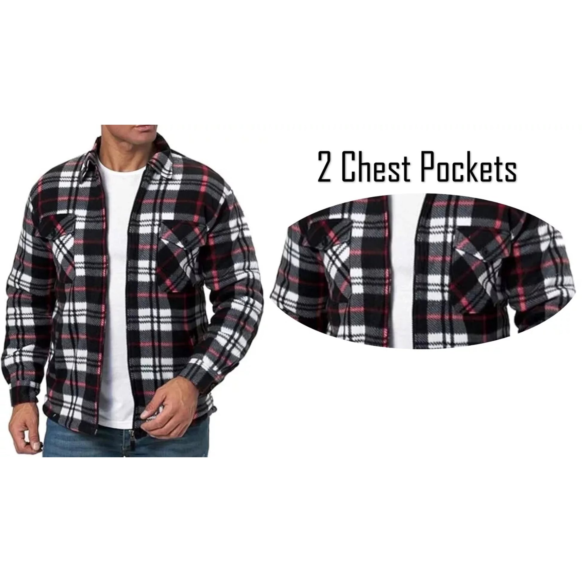 Men's zipped check fleece shirt in red, black and white plaid pattern, warm long sleeve overshirt with chest pockets