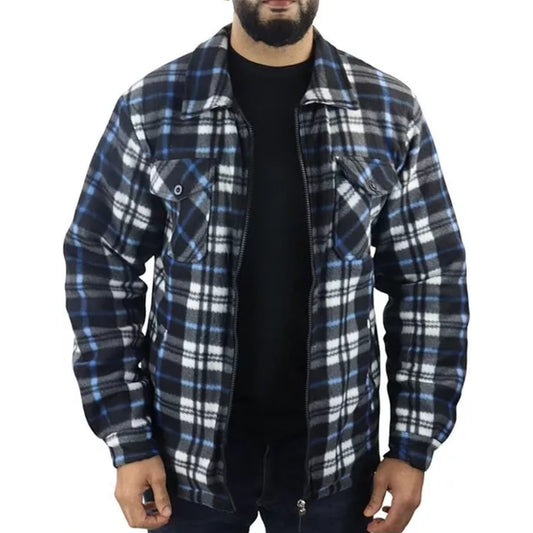 Men's zipped check fleece shirt in royal blue and white plaid pattern, warm long sleeve overshirt with chest pockets