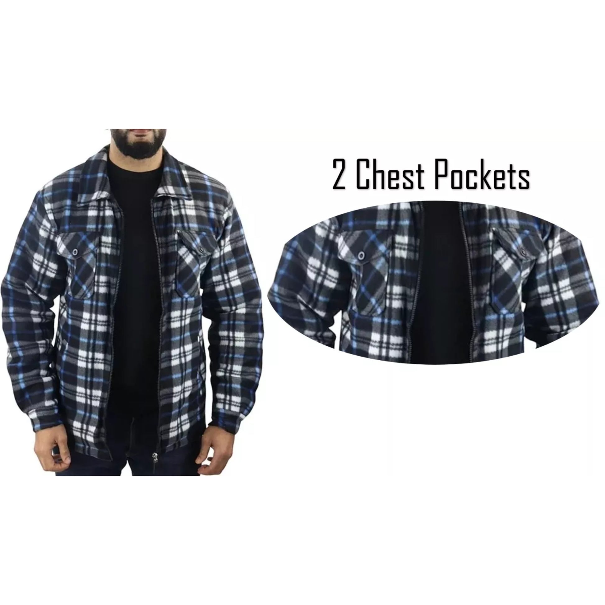 Men's zipped check fleece shirt in royal blue, black and white plaid pattern, warm long sleeve overshirt with chest pockets