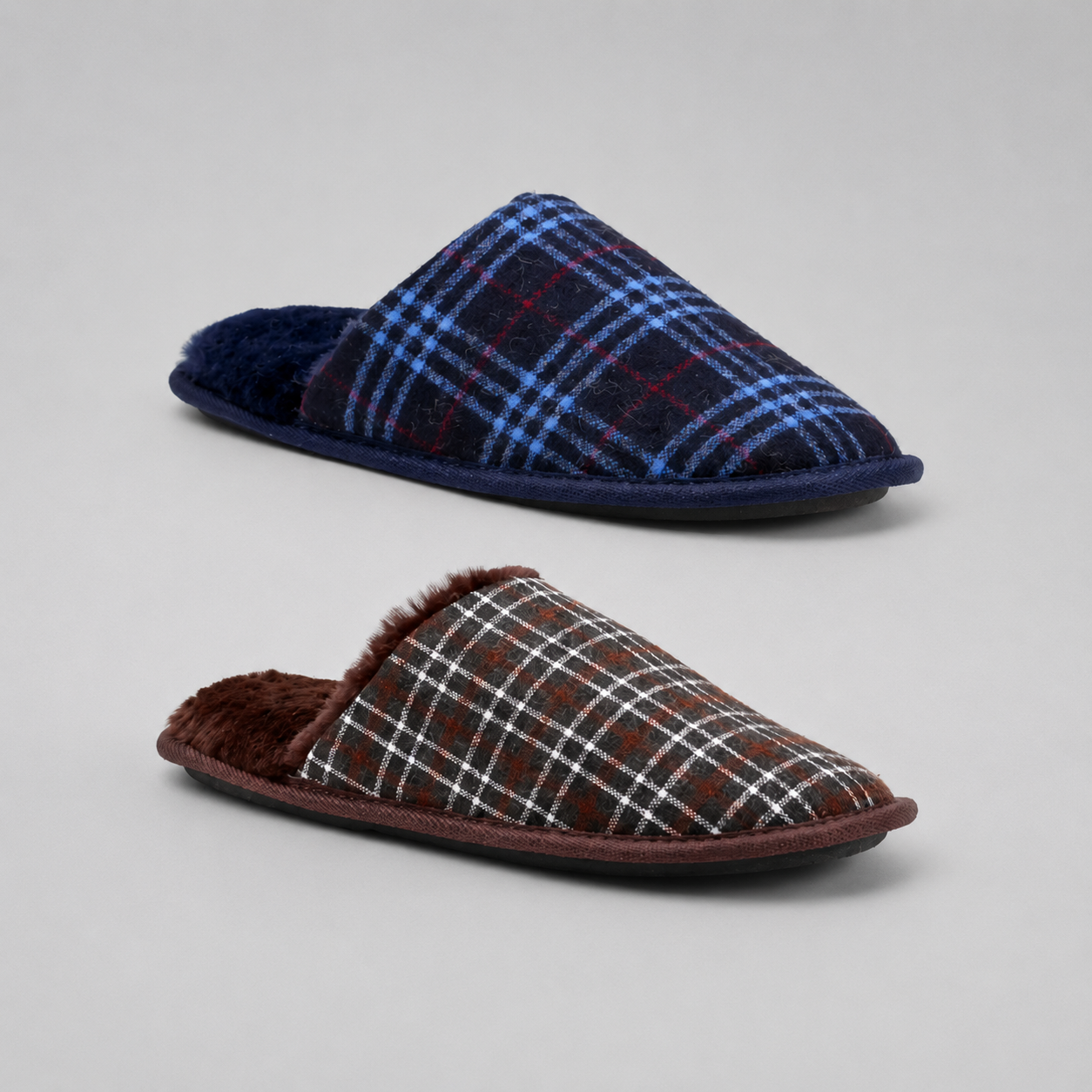 Men's Fleet & Fosters Rhys slip on Mule Slippers in brown or navy with fur lining and check design