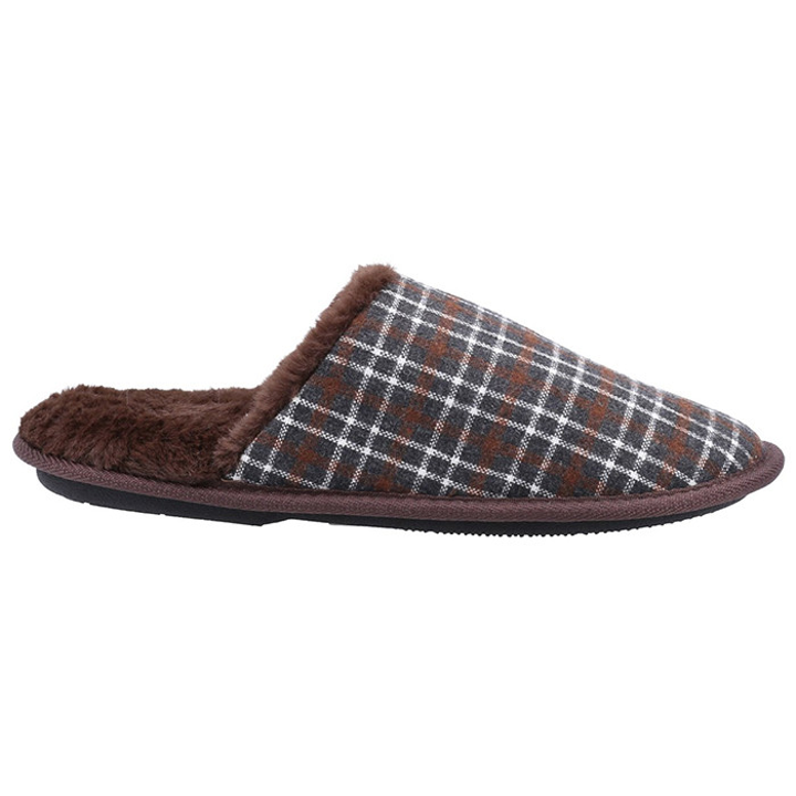 Men's Fleet & Fosters Rhys slip on Mule Slippers in brown with fur lining and check design