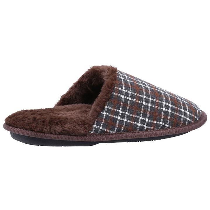 Men's Fleet & Fosters Rhys slip on Mule Slippers in brown with fur lining and check design