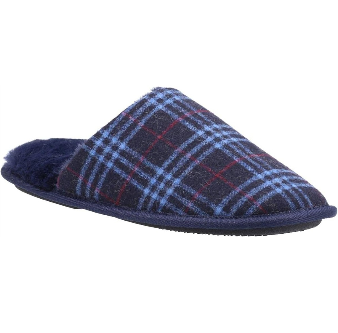 Men's Fleet & Fosters Rhys slip on Mule Slippers in navy with fur lining and check design