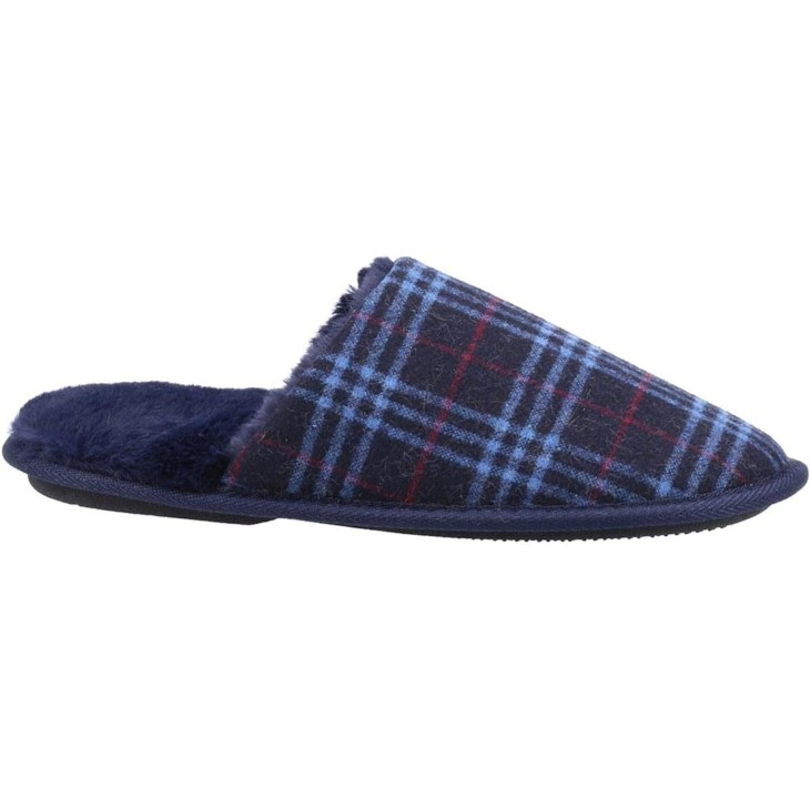 Men's Fleet & Fosters Rhys slip on Mule Slippers in navy with fur lining and check design