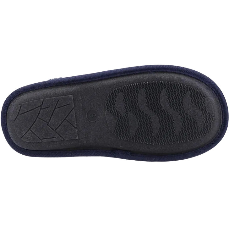 Men's Fleet & Fosters Rhys slip on Mule Slippers in navy with fur lining and check design