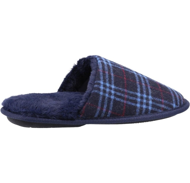 Men's Fleet & Fosters Rhys slip on Mule Slippers in navy with fur lining and check design