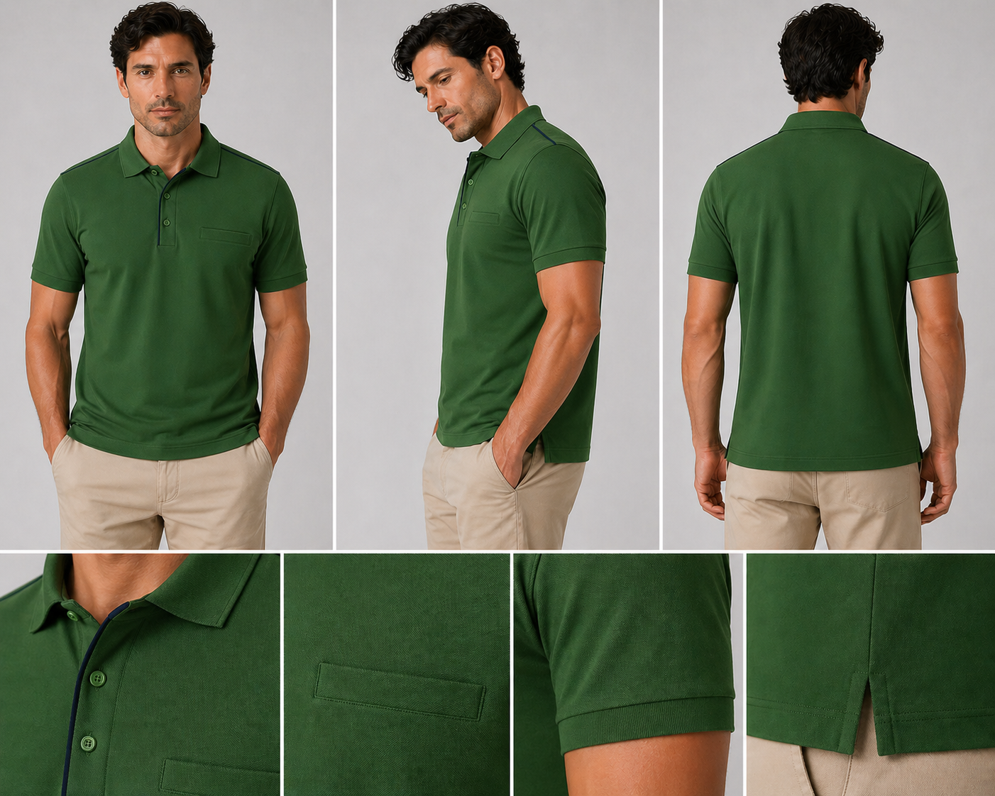 Green polo shirt with contrast piping and pocket detail