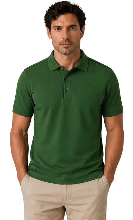 Green polo shirt with contrast piping and pocket detail