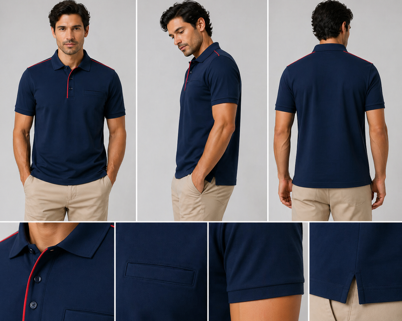 Navy polo shirt with red piping detail smart casual style