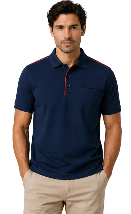 Navy polo shirt with red piping detail smart casual style