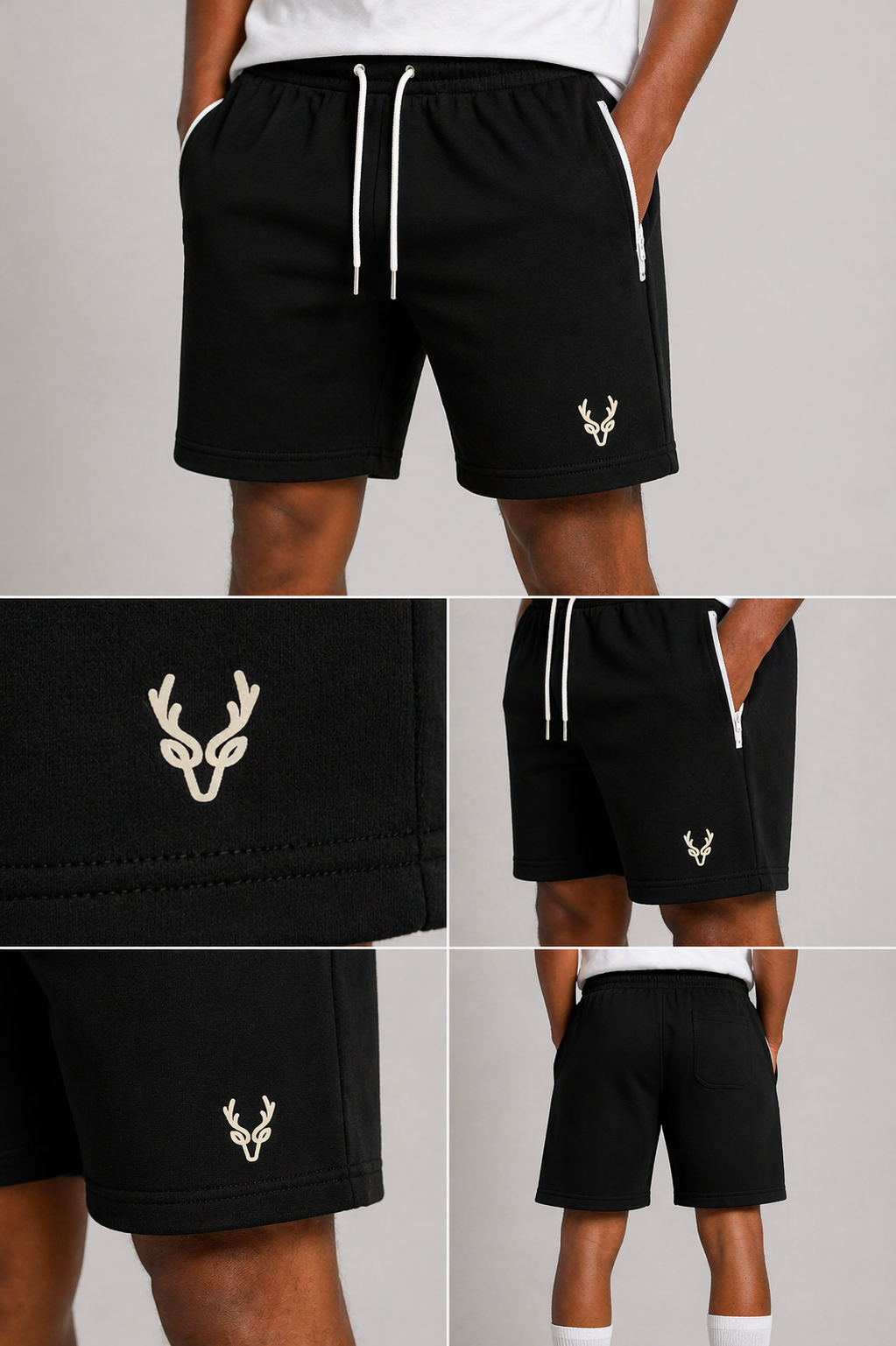 Men’s black athletic shorts with drawstring waist and zip pockets – casual gym summer shorts