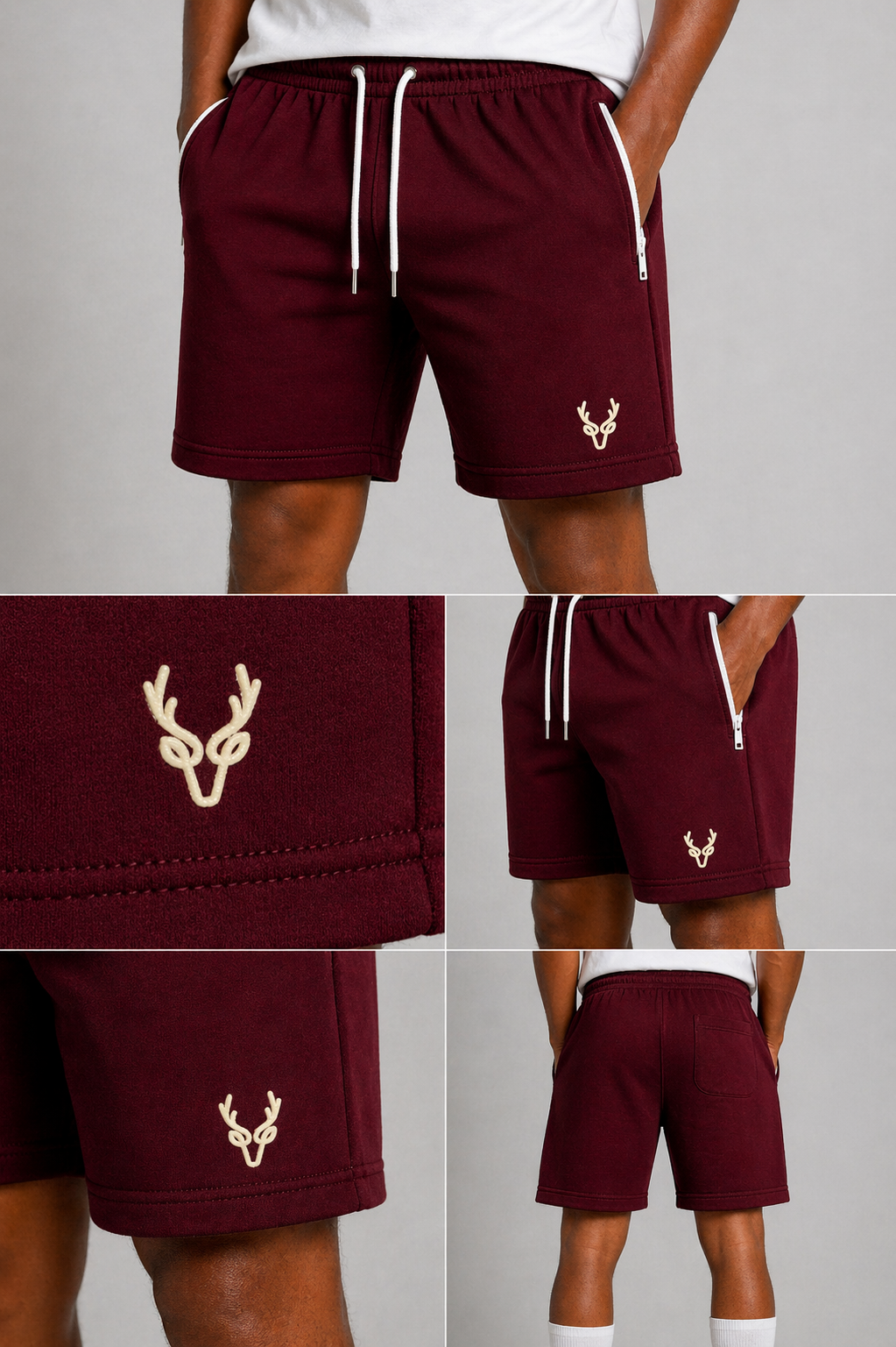 Men’s burgundy athletic shorts with drawstring waist and zip pockets – stylish casual summer shorts