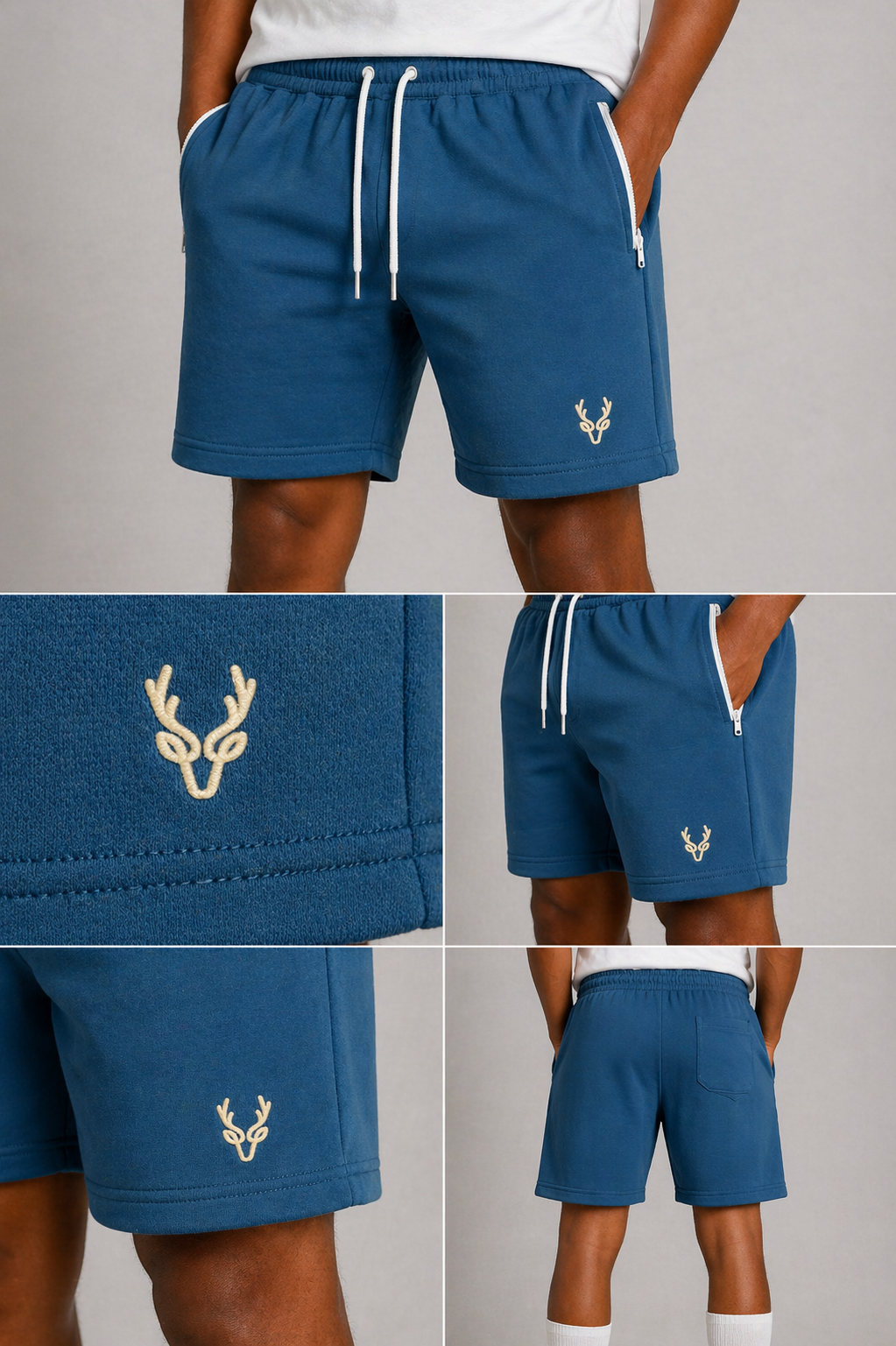 Men’s teal blue athleisure shorts with drawstring waist and zip pockets – lightweight gym shorts