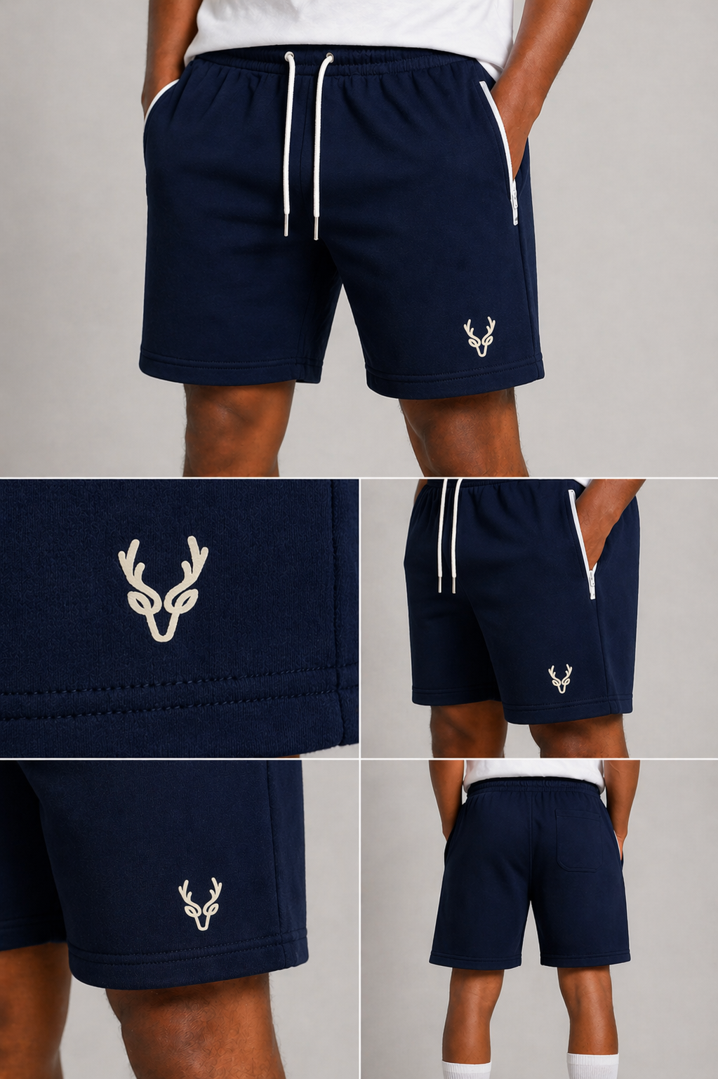 Men’s navy blue athletic shorts with drawstring waist and zip pockets – everyday gym shorts