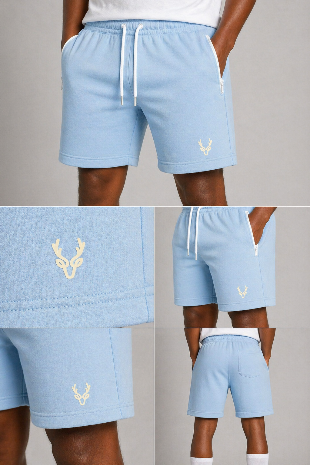 Men’s sky blue lightweight shorts with drawstring waist and zip pockets – men’s summer athleisure wear