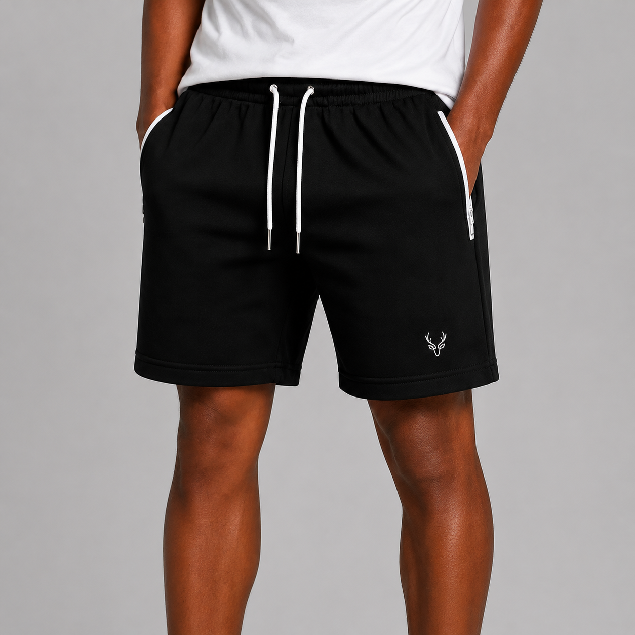 Men’s black athletic shorts with drawstring waist and zip pockets – casual gym summer shorts