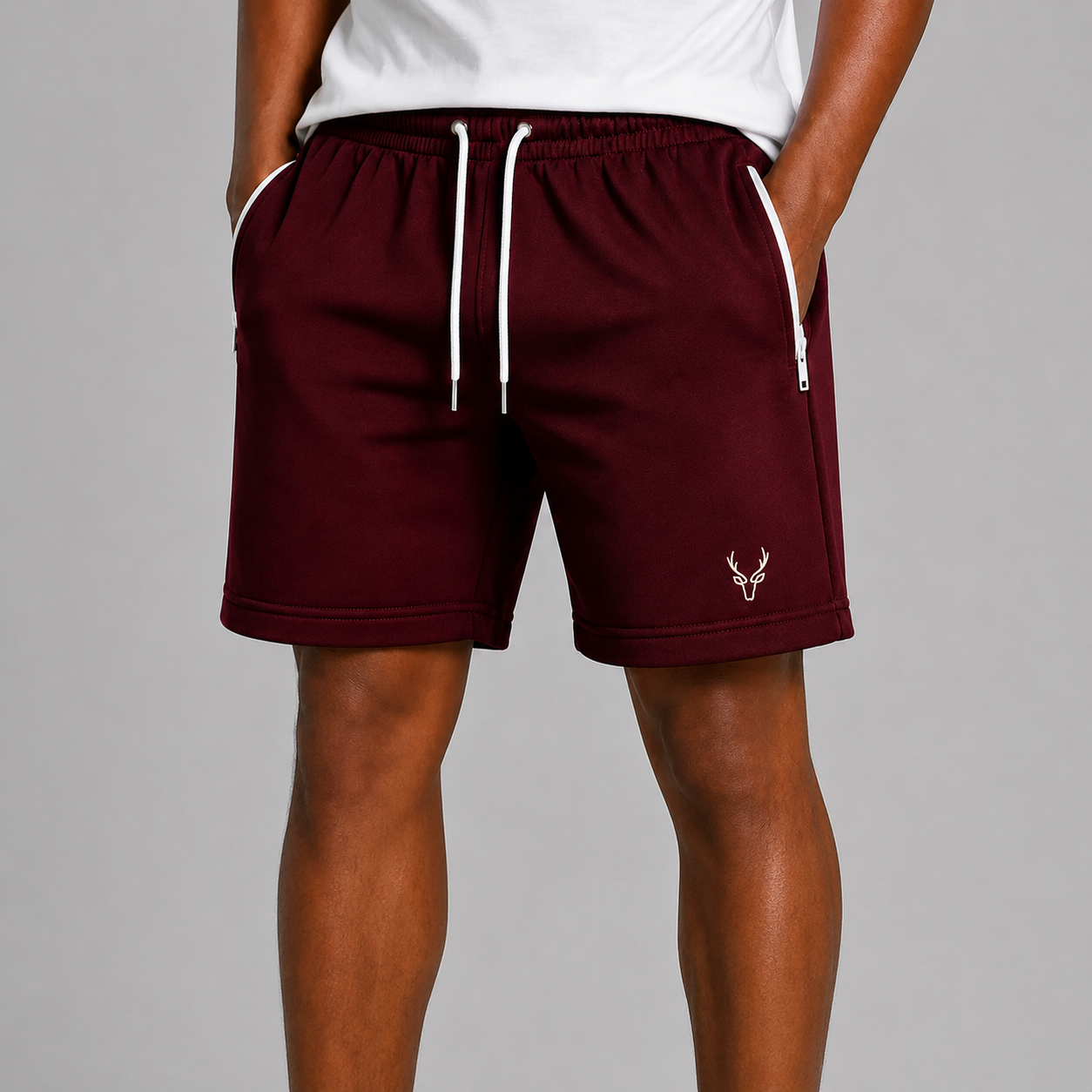 Men’s burgundy athletic shorts with drawstring waist and zip pockets – stylish casual summer shorts