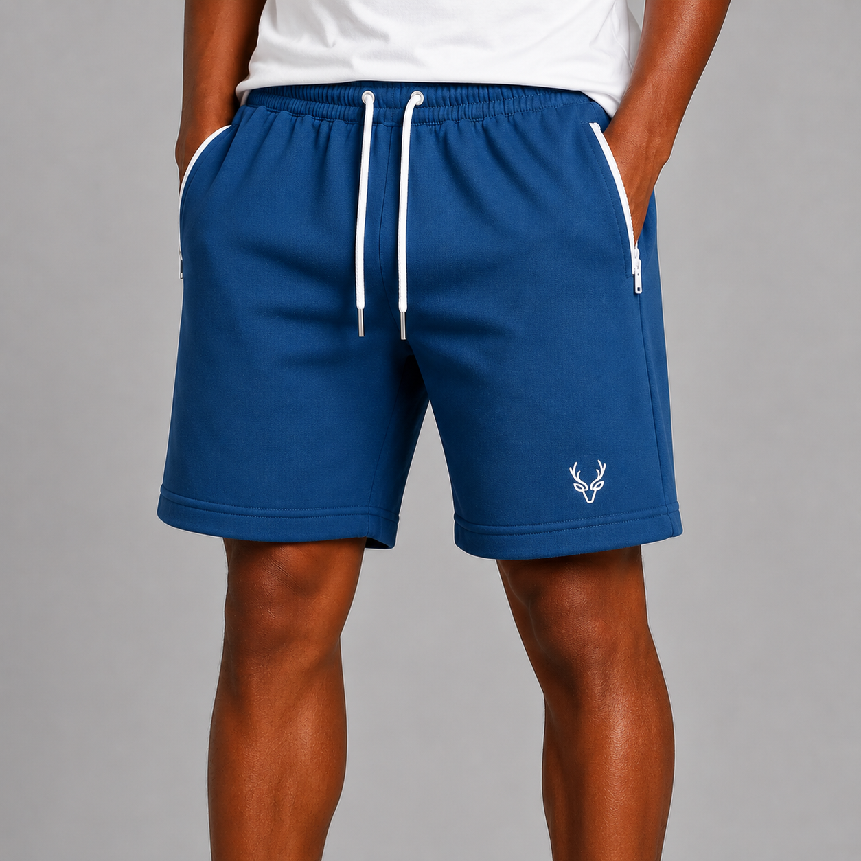 Men’s teal blue athleisure shorts with drawstring waist and zip pockets – lightweight gym shorts