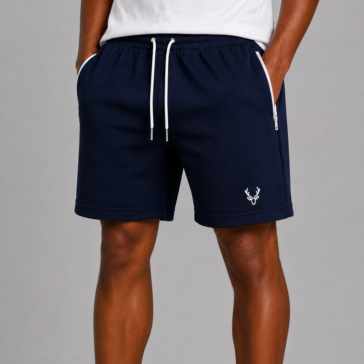 Men’s navy blue athletic shorts with drawstring waist and zip pockets – everyday gym shorts